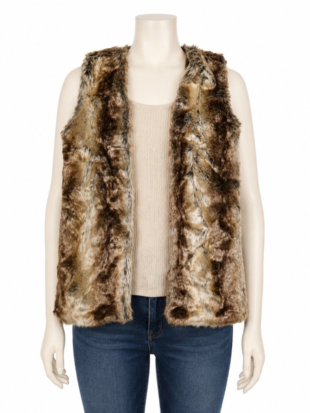 Liz Claiborne Women’s Size L Faux Fur Knit Vest Brown Beige Open Front Boho
